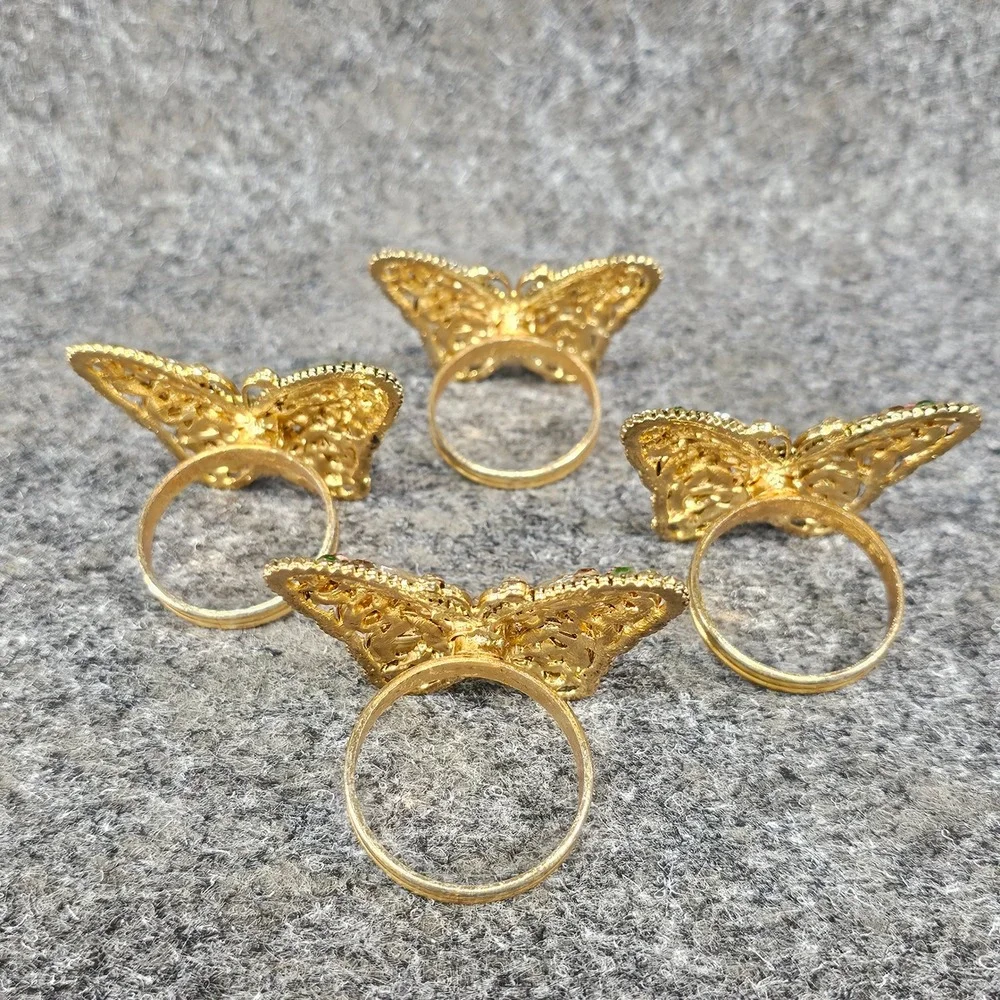 Set of 4 Tahari Rhinestone Butterfly Napkin Rings, Multicolor Gold